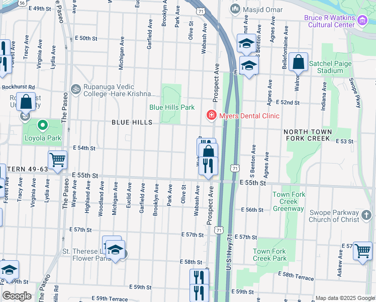 map of restaurants, bars, coffee shops, grocery stores, and more near 5347 Olive Street in Kansas City