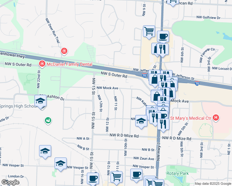 map of restaurants, bars, coffee shops, grocery stores, and more near 906 Northwest 11 Street in Blue Springs