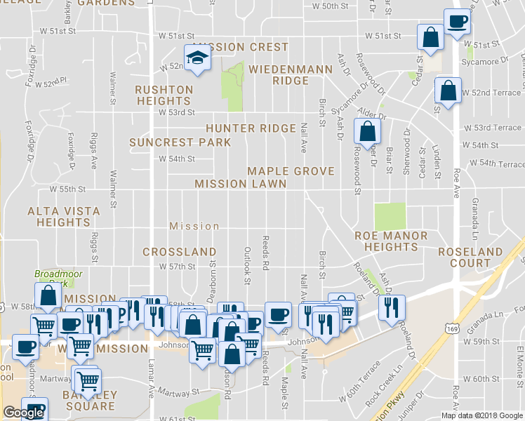 map of restaurants, bars, coffee shops, grocery stores, and more near 5522 Reeds Road in Mission