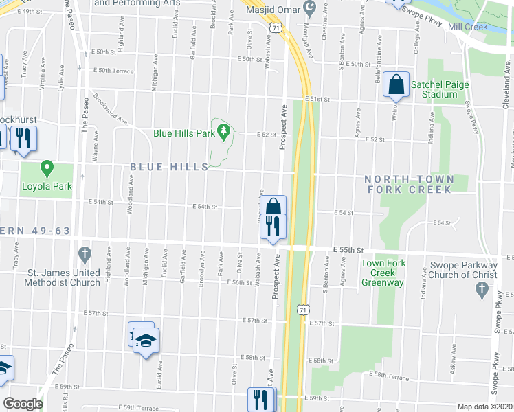 map of restaurants, bars, coffee shops, grocery stores, and more near 5344 Wabash Avenue in Kansas City