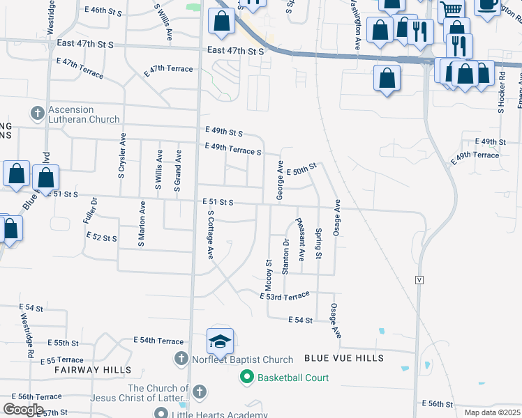map of restaurants, bars, coffee shops, grocery stores, and more near 13013 East 51 Street South in Independence