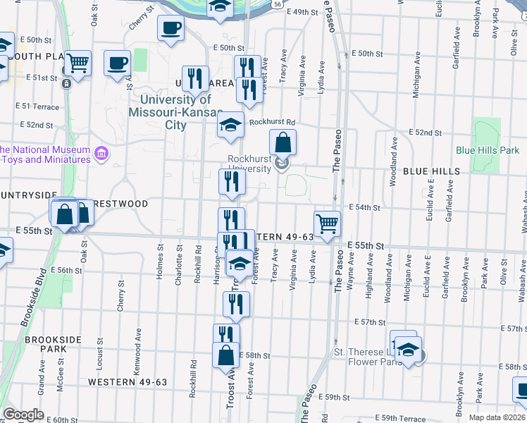 map of restaurants, bars, coffee shops, grocery stores, and more near 5409 Forest Avenue in Kansas City
