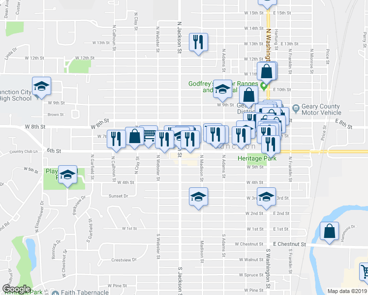 map of restaurants, bars, coffee shops, grocery stores, and more near 440 West 6th Street in Junction City