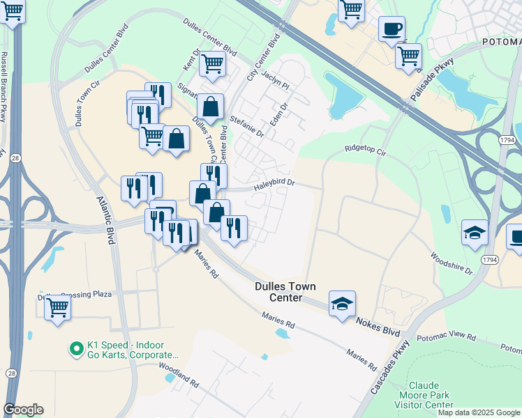 map of restaurants, bars, coffee shops, grocery stores, and more near 21254 Windmill Parc Drive in Sterling