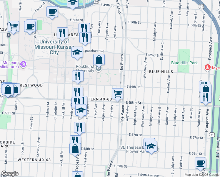 map of restaurants, bars, coffee shops, grocery stores, and more near 5416 Lydia Ave in Kansas City
