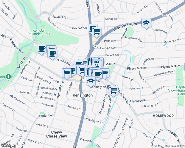 map of restaurants, bars, coffee shops, grocery stores, and more near 10576 Metropolitan Avenue in Kensington