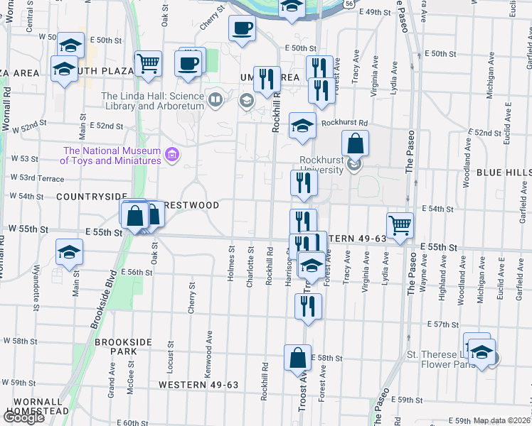 map of restaurants, bars, coffee shops, grocery stores, and more near 5412 Rockhill Road in Kansas City