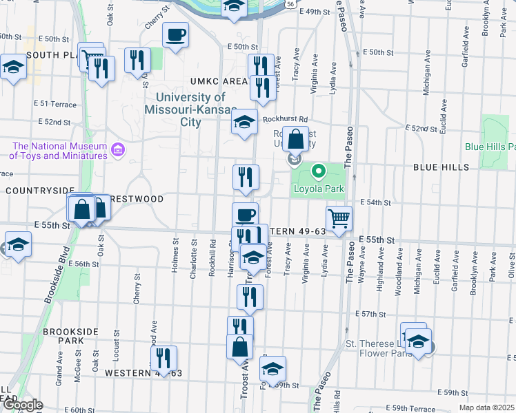 map of restaurants, bars, coffee shops, grocery stores, and more near 5401 Troost Ave in Kansas City
