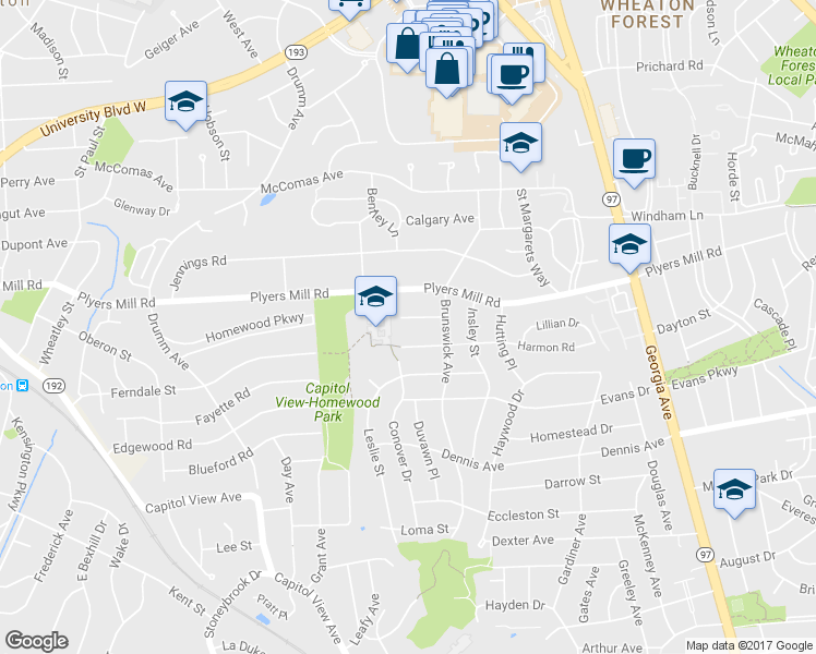 map of restaurants, bars, coffee shops, grocery stores, and more near 2712 Emmet Road in Silver Spring