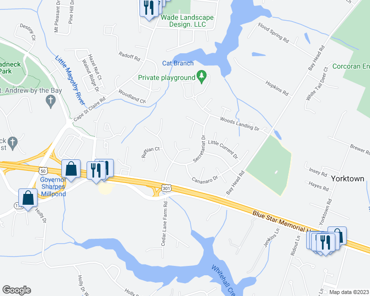 map of restaurants, bars, coffee shops, grocery stores, and more near 1610 Revell Downs Drive in Annapolis