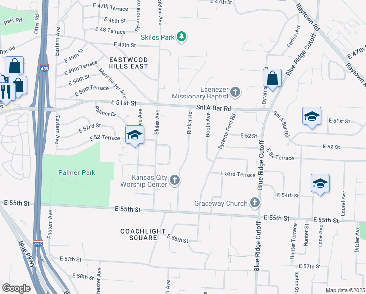 map of restaurants, bars, coffee shops, grocery stores, and more near 5134 Rinker Road in Kansas City