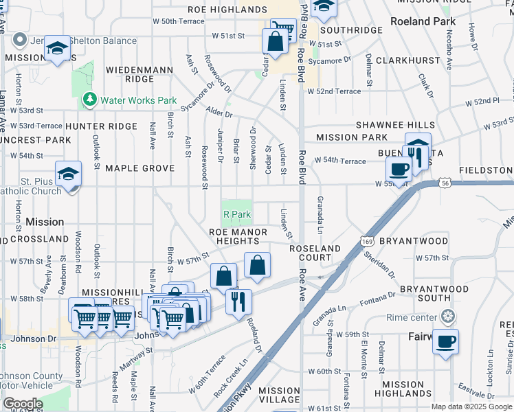 map of restaurants, bars, coffee shops, grocery stores, and more near 5523 Sherwood Drive in Roeland Park