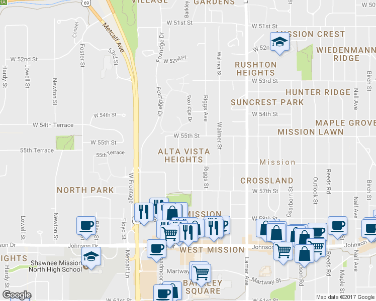 map of restaurants, bars, coffee shops, grocery stores, and more near 5524 Glenwood Street in Mission