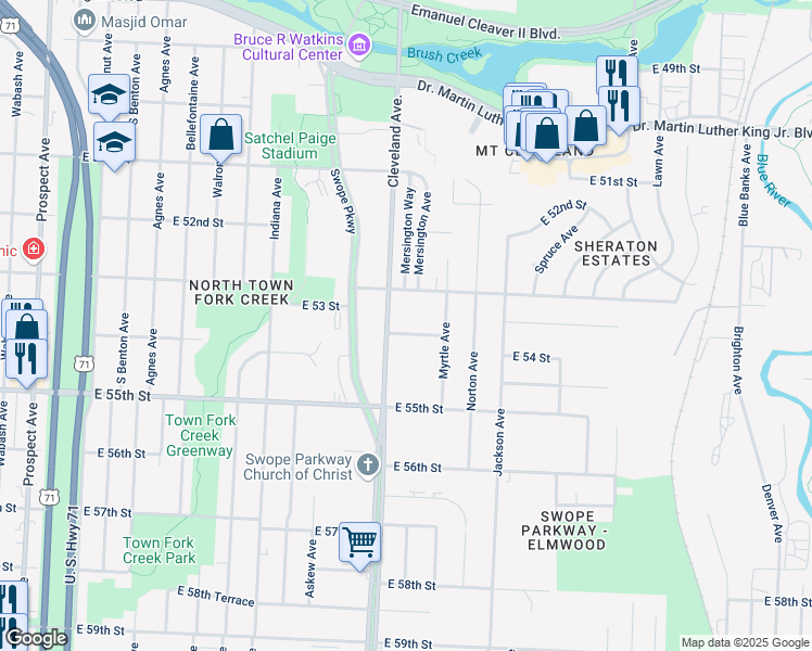 map of restaurants, bars, coffee shops, grocery stores, and more near 3808 East 53rd Terrace in Kansas City