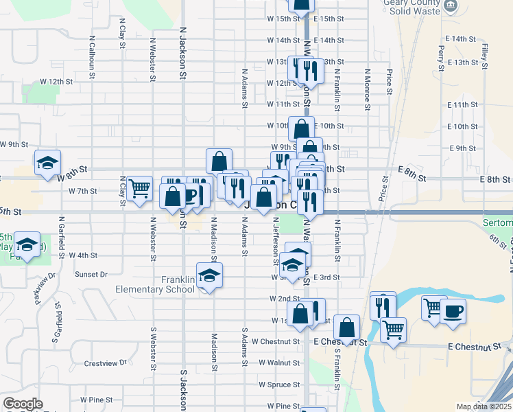 map of restaurants, bars, coffee shops, grocery stores, and more near 222 West 6th Street in Junction City