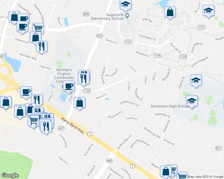 map of restaurants, bars, coffee shops, grocery stores, and more near 100 Reflection Way in Sterling