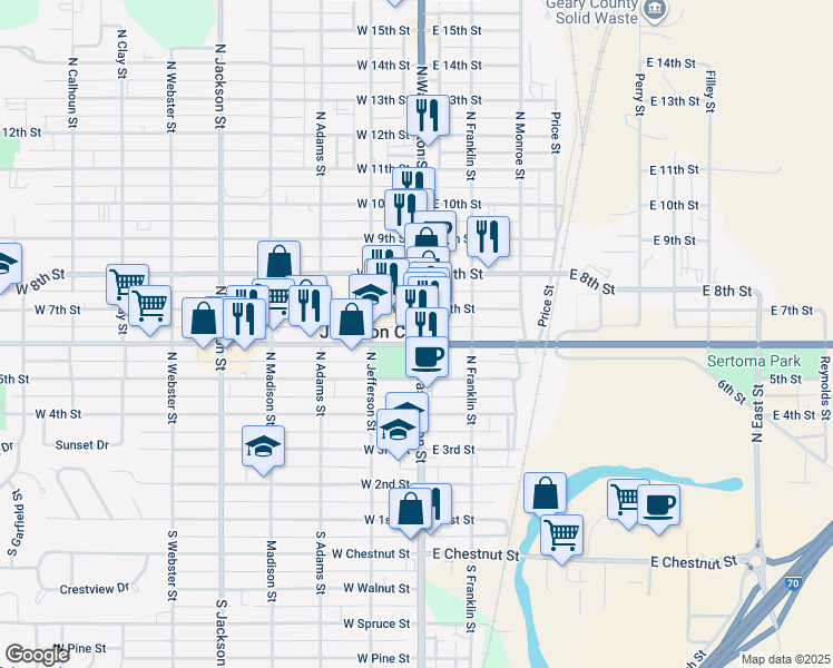 map of restaurants, bars, coffee shops, grocery stores, and more near 614 North Washington Street in Junction City