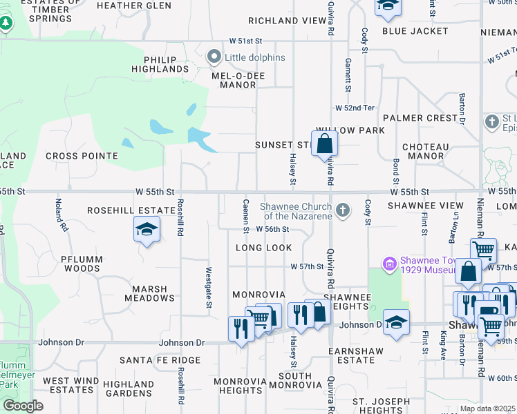 map of restaurants, bars, coffee shops, grocery stores, and more near 5508 Monrovia Street in Shawnee