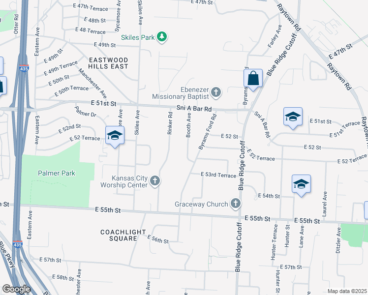 map of restaurants, bars, coffee shops, grocery stores, and more near 5132 Booth Avenue in Kansas City