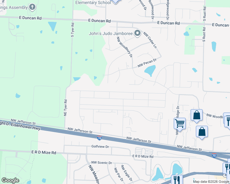 map of restaurants, bars, coffee shops, grocery stores, and more near 1300 Northwest Hilltop Lane in Grain Valley