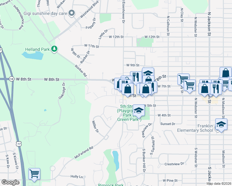 map of restaurants, bars, coffee shops, grocery stores, and more near 1118 Country Club Lane in Junction City