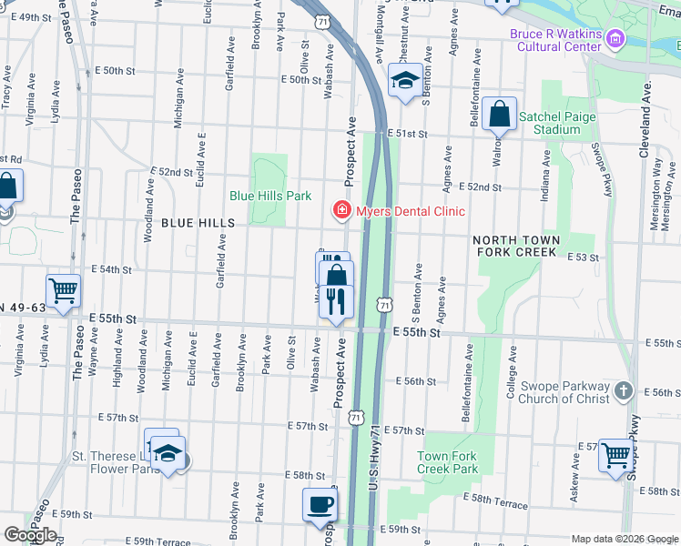map of restaurants, bars, coffee shops, grocery stores, and more near 5338 Prospect Ave in Kansas City