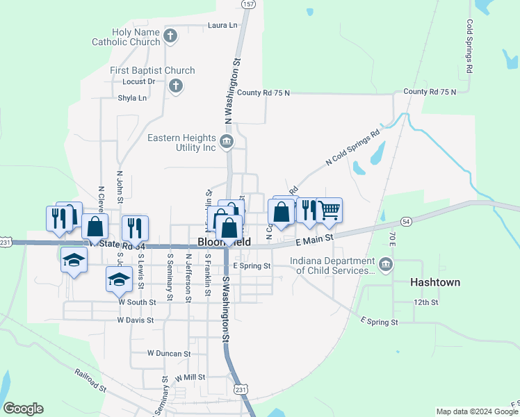 map of restaurants, bars, coffee shops, grocery stores, and more near 264 East Church Street in Bloomfield