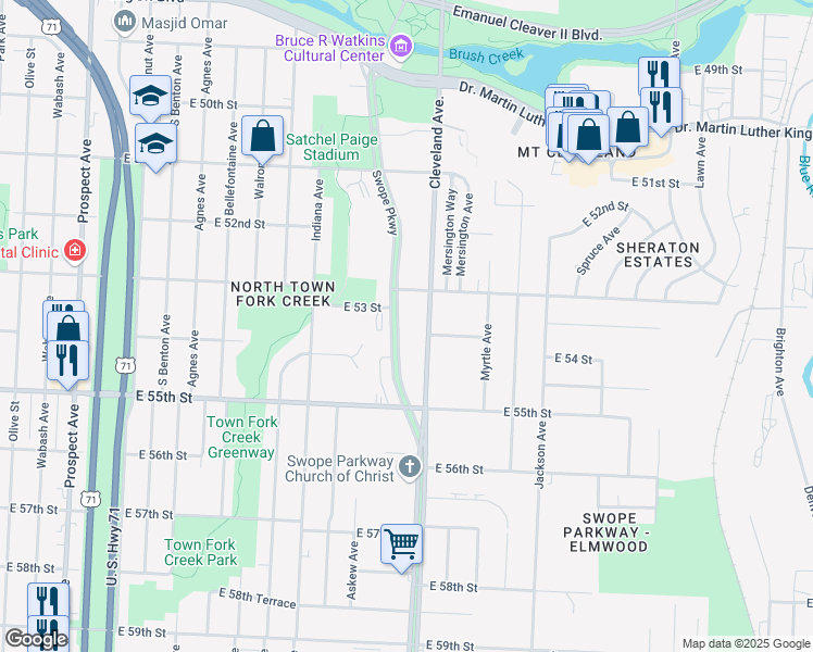 map of restaurants, bars, coffee shops, grocery stores, and more near 5329 Swope Parkway in Kansas City
