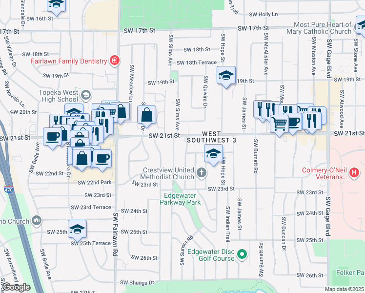 map of restaurants, bars, coffee shops, grocery stores, and more near 2113 Southwest Edgewater Terrace in Topeka