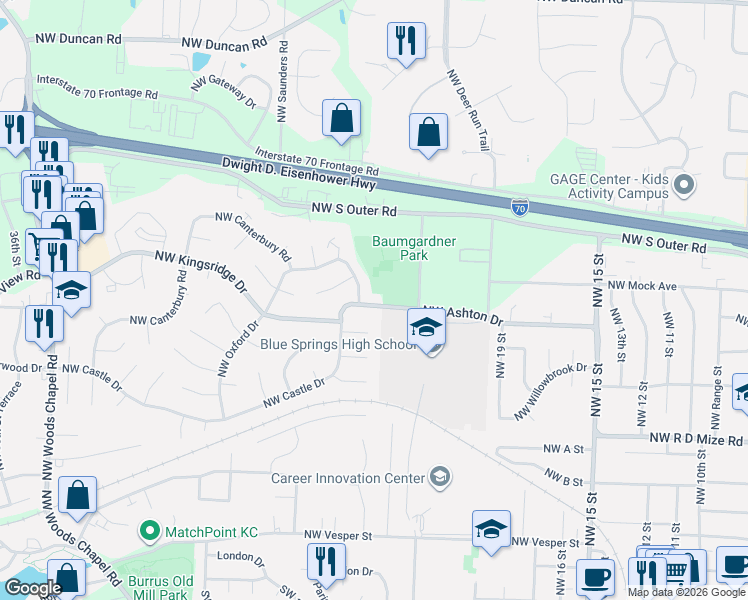 map of restaurants, bars, coffee shops, grocery stores, and more near 2305 Northwest Ashton Drive in Blue Springs