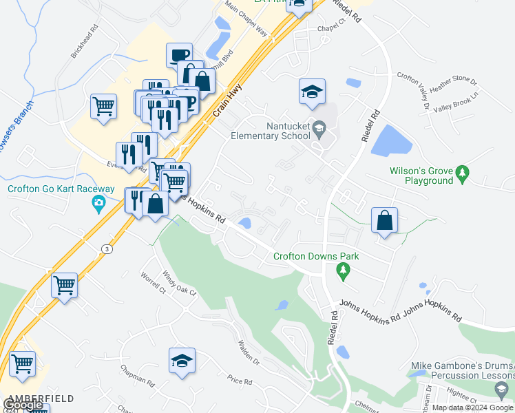 map of restaurants, bars, coffee shops, grocery stores, and more near 1471 Blockton Court in Crofton