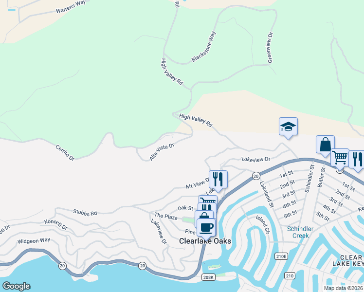 map of restaurants, bars, coffee shops, grocery stores, and more near 12453 Alta Vista Drive in Clearlake Oaks