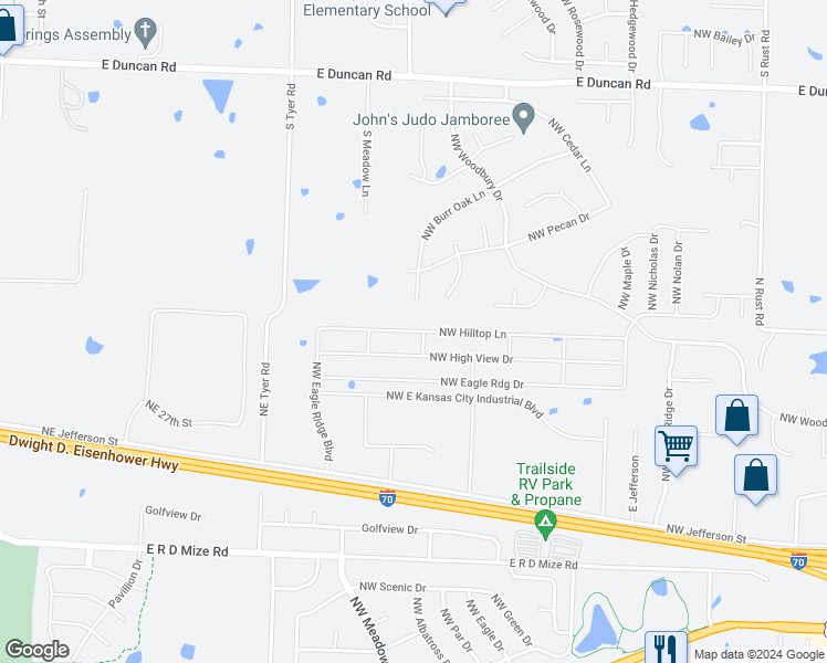 map of restaurants, bars, coffee shops, grocery stores, and more near 1302 Northwest Hilltop Lane in Grain Valley