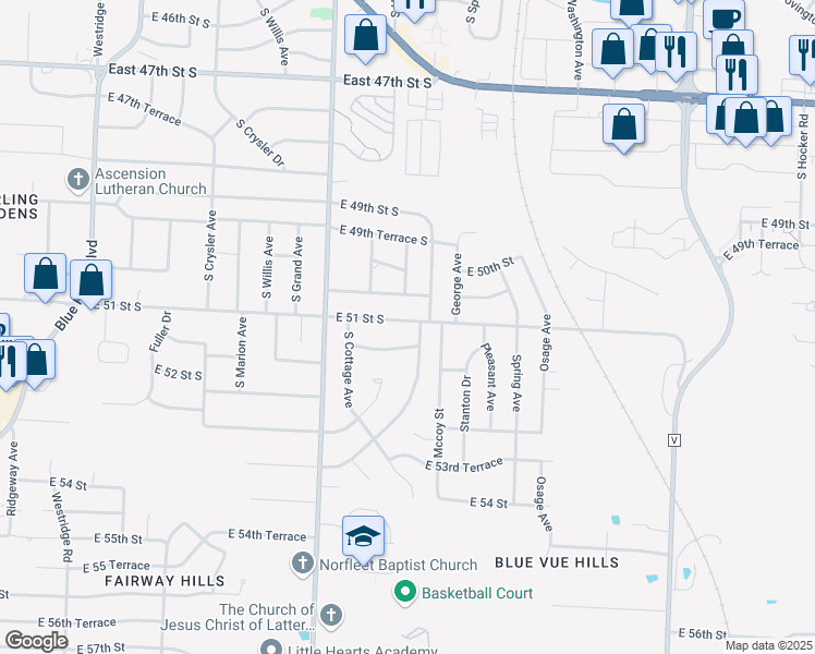 map of restaurants, bars, coffee shops, grocery stores, and more near 13013 East 51 Street South in Independence
