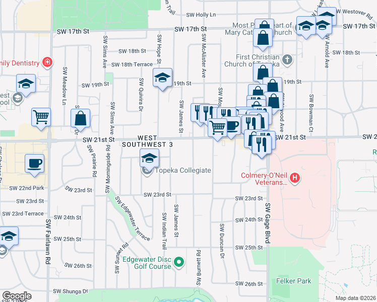 map of restaurants, bars, coffee shops, grocery stores, and more near 2137 Southwest Burnett Road in Topeka