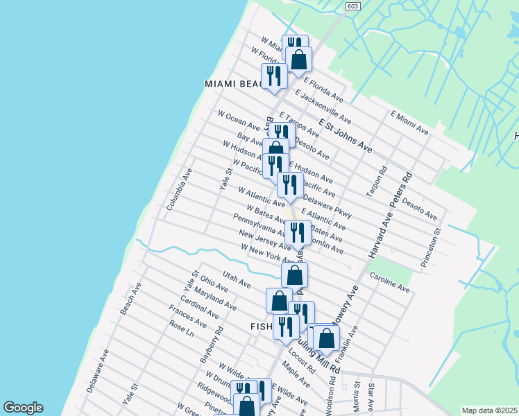 map of restaurants, bars, coffee shops, grocery stores, and more near 105 West Bates Avenue in Villas