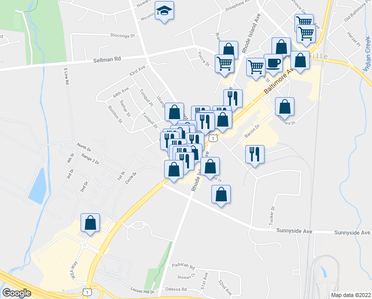 map of restaurants, bars, coffee shops, grocery stores, and more near 10550 Baltimore Avenue in Beltsville