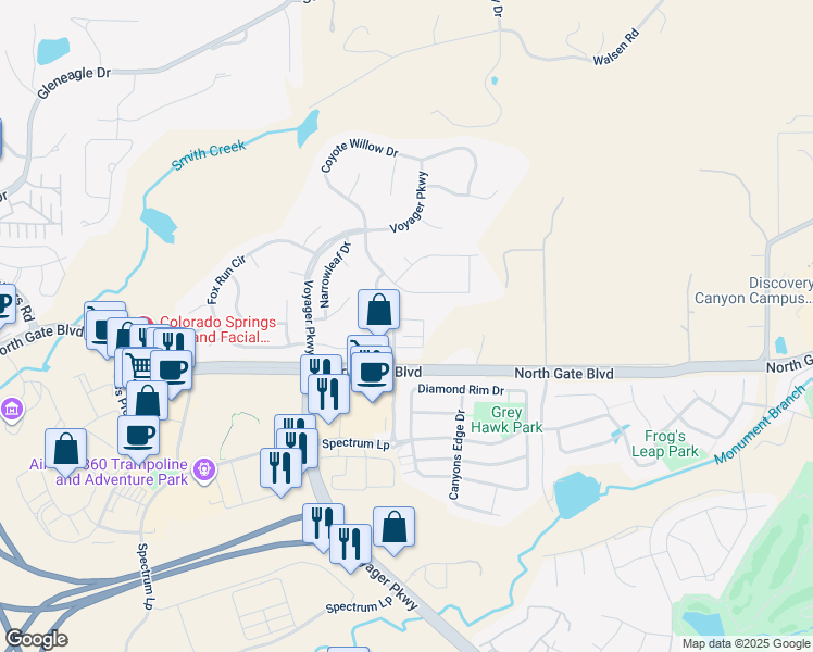 map of restaurants, bars, coffee shops, grocery stores, and more near 13570 Northgate Estates Drive in Colorado Springs