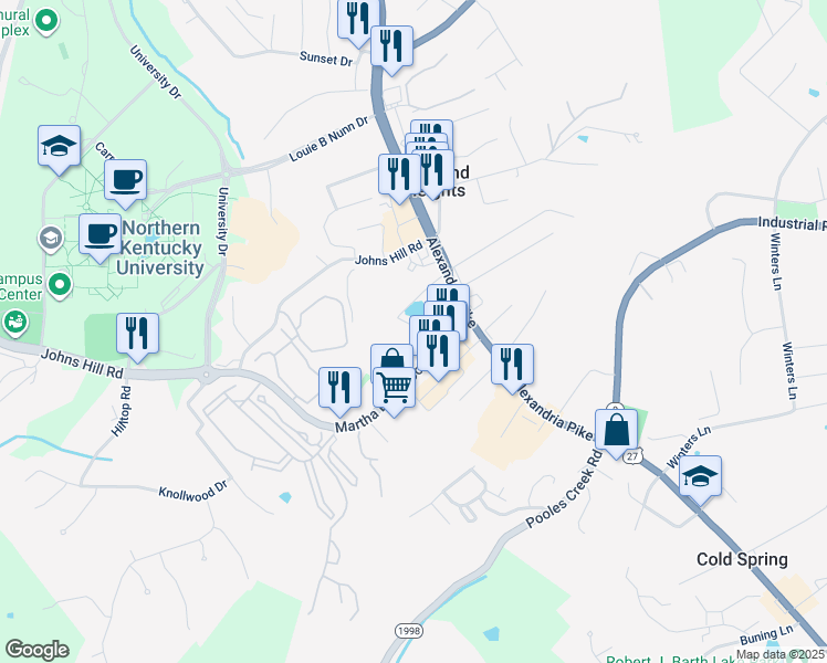 map of restaurants, bars, coffee shops, grocery stores, and more near 3510 Alexandria Pike in Newport