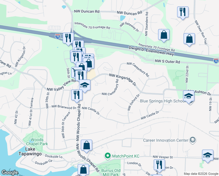 map of restaurants, bars, coffee shops, grocery stores, and more near 1000 Northwest Arlington Place in Blue Springs