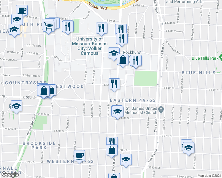 map of restaurants, bars, coffee shops, grocery stores, and more near 5408 Harrison Street in Kansas City
