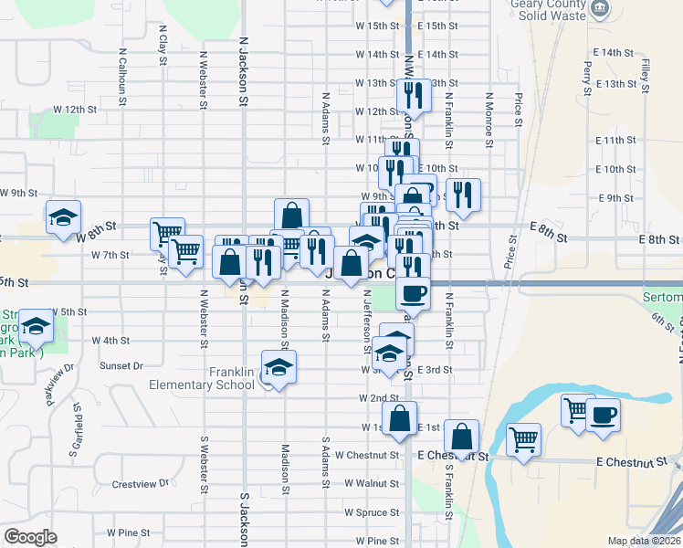 map of restaurants, bars, coffee shops, grocery stores, and more near 222 West 6th Street in Junction City