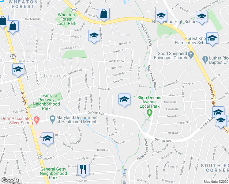 map of restaurants, bars, coffee shops, grocery stores, and more near 10430 Julep Avenue in Silver Spring