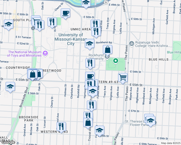 map of restaurants, bars, coffee shops, grocery stores, and more near 5401 Troost Avenue in Kansas City