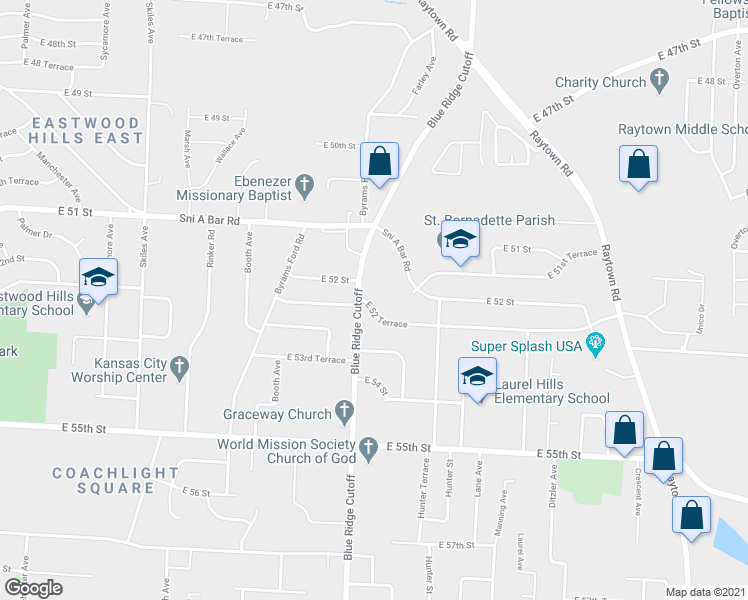 map of restaurants, bars, coffee shops, grocery stores, and more near 8820 East 52 Terrace in Kansas City