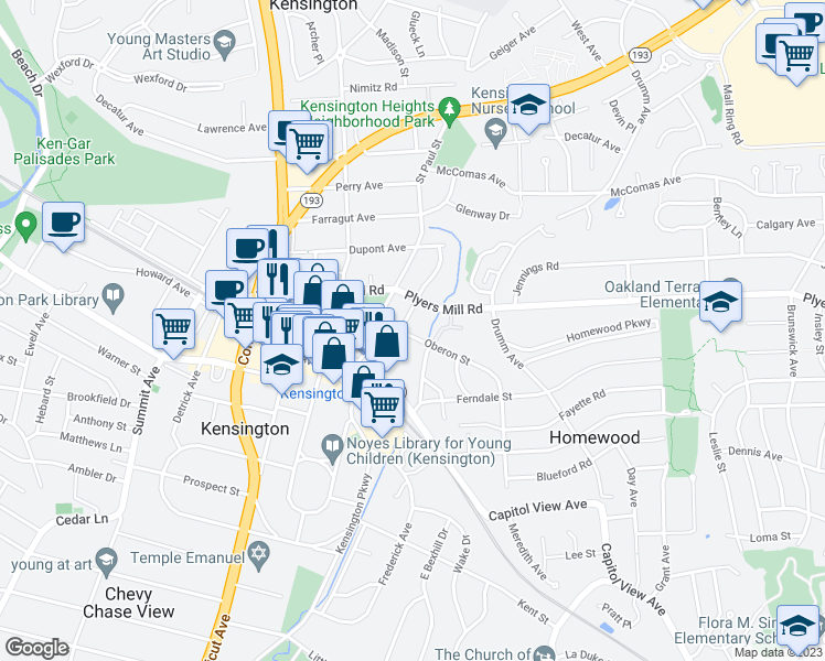map of restaurants, bars, coffee shops, grocery stores, and more near 3417 Oberon Street in Kensington