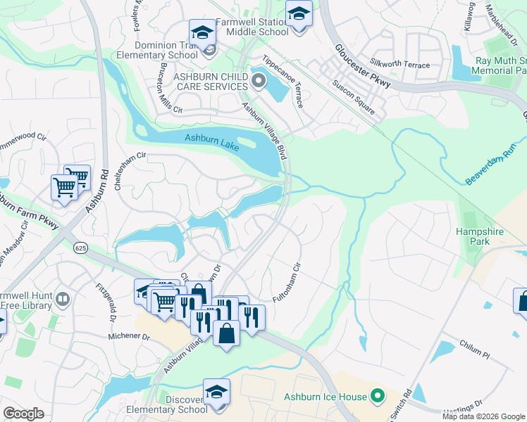 map of restaurants, bars, coffee shops, grocery stores, and more near 44116 Saxony Terrace in Ashburn