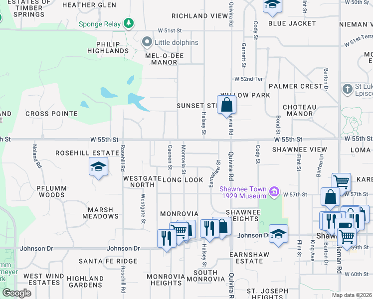 map of restaurants, bars, coffee shops, grocery stores, and more near 5508 Monrovia Street in Shawnee