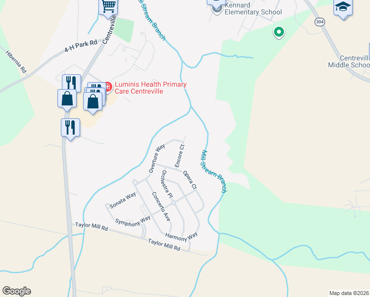 map of restaurants, bars, coffee shops, grocery stores, and more near 142 Encore Court in Centreville