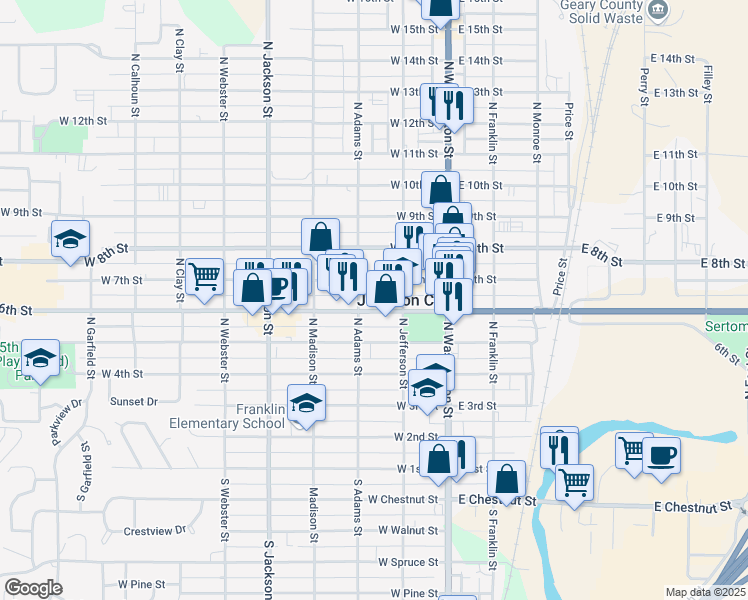 map of restaurants, bars, coffee shops, grocery stores, and more near 222 West 6th Street in Junction City